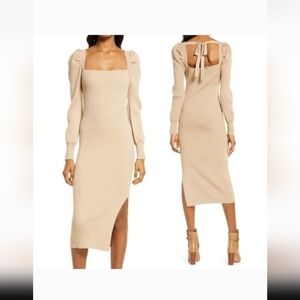 House of Harlow 1960 Ribbed Knit Midi Dress XS Beige Puff Sleeve Square Neck NWT
